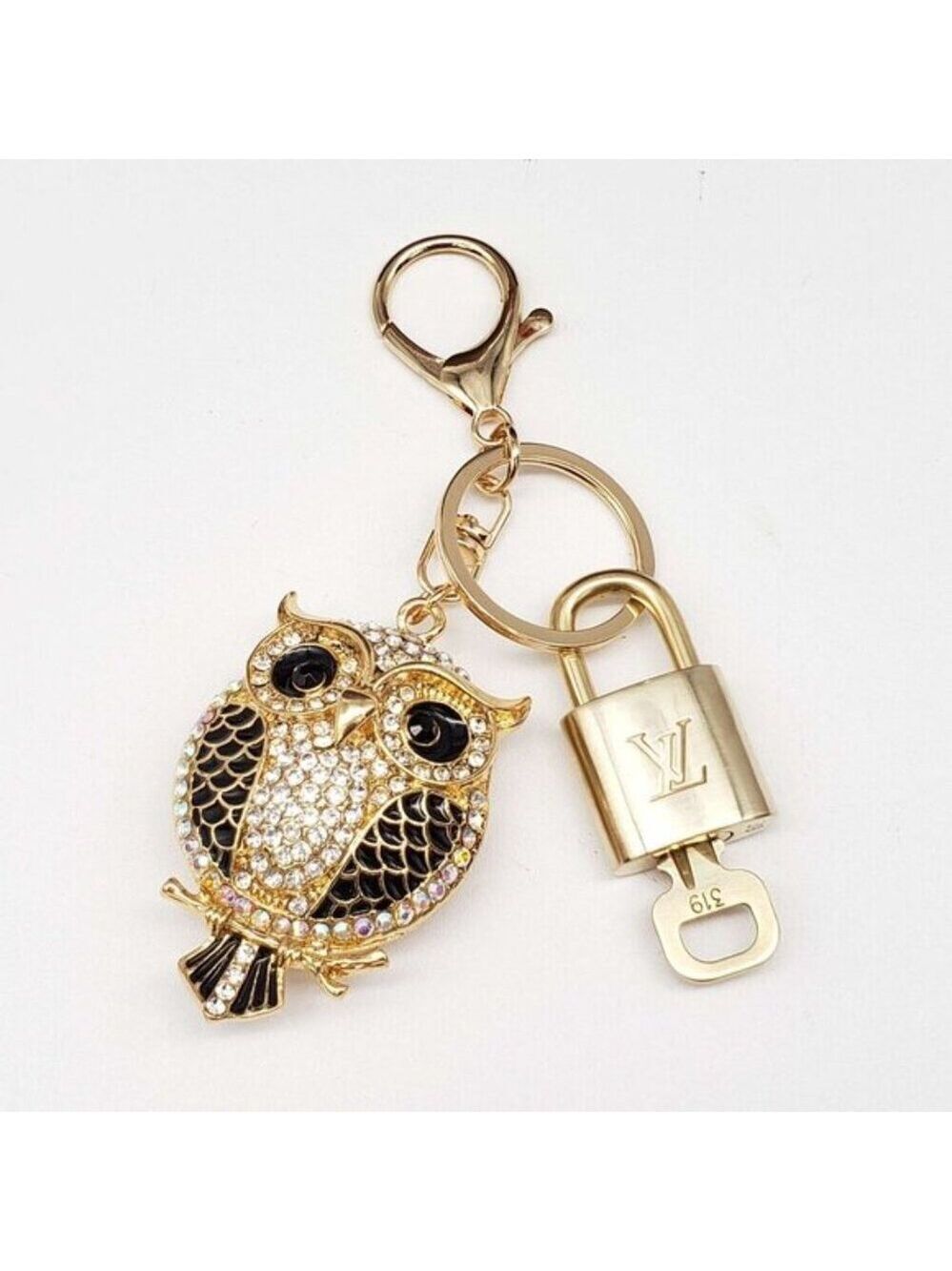 LV Gold Padlock Authentic 🔑 Luxury Bag Charm w/ Unbranded Owl Keychain
